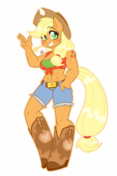 Size: 1263x1900 | Tagged: safe, artist:meb90, imported from derpibooru, applejack, anthro, unguligrade anthro, abs, alternative cutie mark placement, applejack's hat, applejacked, belly button, breasts, cleavage, clothes, cowboy hat, female, freckles, front knot midriff, hat, looking at you, midriff, muscles, shoulder cutie mark, simple background, smiling, solo, white background
