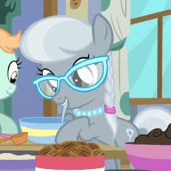 Size: 407x407 | Tagged: safe, imported from derpibooru, screencap, peach fuzz, silver spoon, pony, on your marks, animated, bowl, cute, female, food, glasses, loop, male, mixing bowl, mouth hold, silverbetes, solo focus, spoon, stirring