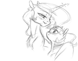 Size: 741x588 | Tagged: safe, artist:bri-sta, imported from derpibooru, princess celestia, twilight sparkle, :o, bedroom eyes, blushing, eye contact, female, hug, lesbian, lip bite, monochrome, shipping, simple background, sketch, smiling, twilestia, white background, wide eyes, winghug