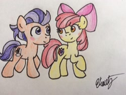 Size: 320x240 | Tagged: safe, artist:libbythekautz, imported from derpibooru, apple bloom, tender taps, blushing, shipping, simple background, tenderbloom, traditional art