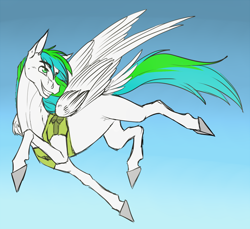 Size: 1000x917 | Tagged: safe, artist:sunny way, imported from derpibooru, oc, oc only, oc:sorian, pegasus, pony, clothes, colored sketch, flying, jacket, male, rcf community, sky, smiling, solo, wings