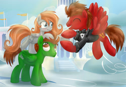 Size: 1800x1250 | Tagged: safe, artist:redheadfly, imported from derpibooru, oc, oc only, oc:green screen, oc:green screen (mandolin2019), oc:lucky fly, oc:slide fortissimo, pegasus, pony, cloudsdale, cute