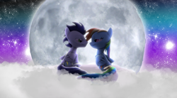 Size: 3264x1803 | Tagged: safe, artist:linormusicbeatpone, imported from derpibooru, rainbow dash, soarin', pony, 3d, backwards cutie mark, cloud, female, galaxy, male, moon, night, romantic, shipping, soarindash, source filmmaker, stars, straight