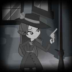 Size: 2500x2500 | Tagged: safe, artist:darthlena, imported from derpibooru, rarity, equestria girls, rarity investigates, clothes, detective, dress, fedora, gun, handgun, hat, lidded eyes, noir, rarispy, revolver, smiling, weapon