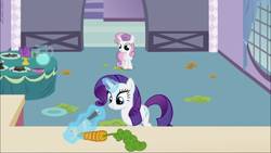 Size: 1920x1080 | Tagged: safe, imported from derpibooru, screencap, rarity, sweetie belle, sisterhooves social, carrot, food, glowing horn, knife, magic, rarity looking at food, telekinesis