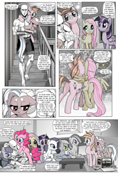 Size: 1309x1920 | Tagged: safe, artist:pencils, imported from derpibooru, boulder (pet), fluttershy, limestone pie, marble pie, maud pie, pinkie pie, rarity, twilight sparkle, oc, oc:anon, oc:mascara maroon, oc:papyra maroon, alicorn, earth pony, human, pegasus, pony, unicorn, comic:anon's pie adventure, anon ride, bandage, barefoot, boulder (g4), box, bracer, butt, cardboard box, clothes, comic, dialogue, dock, feet, female, filly, frog (hoof), holding a pony, human male, kama sutra in the comments, male, mare, metal gear, metal gear solid, piggyback ride, plot, ponies riding humans, pun, question mark, riding, shorts, sitting, twilight sparkle (alicorn), underhoof, visual pun