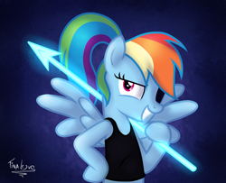 Size: 1600x1300 | Tagged: safe, artist:tina-de-love, imported from derpibooru, rainbow dash, clothes, crossover, female, ponytail, rainbowdyne, solo, spear, undertale, undyne, weapon