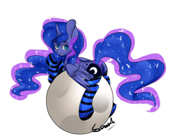 Size: 3436x2737 | Tagged: safe, artist:the---sound, imported from derpibooru, princess luna, butt, clothes, female, moon, moonbutt, plot, prone, socks, solo, striped socks, tangible heavenly object