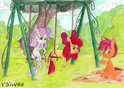 Size: 3437x2436 | Tagged: safe, artist:raiwee, imported from derpibooru, apple bloom, scootaloo, sweetie belle, cutie mark crusaders, frustrated, lidded eyes, swing, traditional art, trio