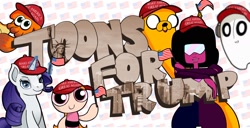 Size: 1408x721 | Tagged: safe, artist:ohohokapi, imported from derpibooru, rarity, inkling, adventure time, american flag, background pony strikes again, blossom (powerpuff girls), donald trump, garnet (steven universe), jake the dog, make america great again, mass crossover, mouthpiece, napstablook, new york city, op is a duck, op is trying to start shit, politics, splatoon, steven universe, the powerpuff girls, undertale, united states