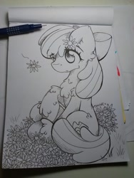 Size: 1024x1365 | Tagged: safe, artist:rainbowshine94, imported from derpibooru, apple bloom, earth pony, pony, chest fluff, cutie mark, ear fluff, female, filly, flower, flower in hair, monochrome, solo, the cmc's cutie marks, traditional art, unshorn fetlocks