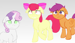 Size: 2000x1160 | Tagged: safe, artist:x-bond-of-flame-x, imported from derpibooru, apple bloom, scootaloo, sweetie belle, on your marks, cutie mark crusaders, floppy ears, missing cutie mark, scene interpretation, simple background, sketch