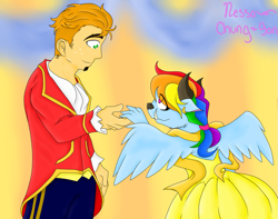 Size: 1007x794 | Tagged: safe, artist:tomcolt15, imported from derpibooru, big macintosh, rainbow dash, human, beauty and the beast, belle, crossover, female, humanized, male, rainbowmac, shipping, straight