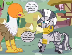 Size: 1600x1236 | Tagged: safe, artist:mlp-silver-quill, imported from derpibooru, zecora, oc, oc:silver quill, classical hippogriff, hippogriff, zebra, food, implied twilight sparkle, orange, ponyville, pun, visual pun