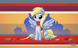 Size: 2560x1600 | Tagged: safe, artist:mysticalpha, imported from derpibooru, derpy hooves, pegasus, pony, clothes, doctor who, female, fourth doctor's scarf, mare, scarf, sitting, smiling, solo, spread wings, striped scarf, tom baker's scarf, wallpaper