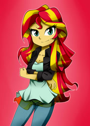 Size: 1000x1400 | Tagged: safe, artist:nekojackun, imported from derpibooru, sunset shimmer, human, equestria girls, clothes, crossed arms, cute, female, leather jacket, looking at you, pants, red background, shimmerbetes, simple background, solo