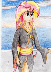 Size: 2472x3456 | Tagged: safe, artist:40kponyguy, derpibooru exclusive, imported from derpibooru, sunset shimmer, equestria girls, clothes, cutie mark on clothes, female, kimono (clothing), looking at you, solo, traditional art