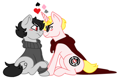 Size: 1628x1116 | Tagged: safe, artist:micky-ann, imported from derpibooru, blushing, boop, cape, clothes, dave strider, davekat, gay, homestuck, karkat vantas, male, noseboop, ponified, quadrant shipping, shipping, sunglasses, sweater