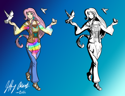 Size: 1024x789 | Tagged: safe, artist:penspark, imported from derpibooru, fluttershy, human, digital art, female, gradient background, hippie, hippieshy, humanized, sandals, signature, solo