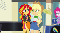 Size: 1280x714 | Tagged: safe, imported from derpibooru, screencap, applejack, pinkie pie, sunset shimmer, equestria girls, rainbow rocks, comfort, cute, drum kit, drums, embrace, hug, looking at each other, musical instrument, rainbow, thousand yard stare