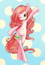 Size: 2039x2894 | Tagged: safe, artist:unousaya, imported from derpibooru, pinkie pie, pony, semi-anthro, arm hooves, armpits, belly button, bipedal, blushing, featureless crotch, female, garter, smiling, solo