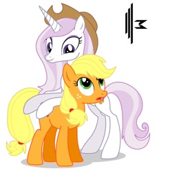 Size: 856x851 | Tagged: safe, artist:larsurus, imported from derpibooru, part of a set, applejack, fleur-de-lis, accesory swap, accessory swap, apple-lis, crack shipping, female, fleur-de-jack, flirting, lesbian, shipping, simple background, vector, white background