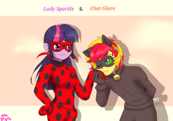 Size: 800x559 | Tagged: safe, artist:fallenangel5414, imported from derpibooru, sunset shimmer, twilight sparkle, equestria girls, becoming what you fear, chat noir, ear piercing, earring, equestria guys, female, half r63 shipping, hilarious in hindsight, irony, jewelry, ladynoir, male, miraculous ladybug, piercing, ring, rule 63, shipping, straight, sunset glare, sunsetsparkle, twiglare