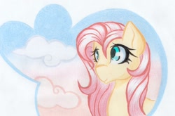 Size: 1024x677 | Tagged: safe, artist:emberslament, imported from derpibooru, fluttershy, female, sky, solo, traditional art