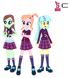 Size: 649x721 | Tagged: safe, artist:karalovely, imported from derpibooru, oc, oc only, oc:honey bear, oc:julie bright, oc:manny brown, equestria girls, friendship games, clothes, crystal prep academy uniform, school uniform