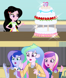 Size: 640x761 | Tagged: safe, artist:karalovely, edit, edited screencap, imported from derpibooru, screencap, princess cadance, princess celestia, princess luna, oc, oc:kara lovely, acadeca, equestria girls, friendship games, apron, cake, clothes, dean cadance, female, food, open mouth, principal celestia, royal sisters, sisters, vice principal luna