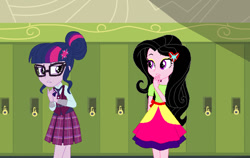 Size: 722x455 | Tagged: safe, artist:karalovely, edit, imported from derpibooru, sci-twi, twilight sparkle, oc, oc:kara lovely, equestria girls, friendship games, canterlot high, clothes, confused, crystal prep academy uniform, recolor, school uniform