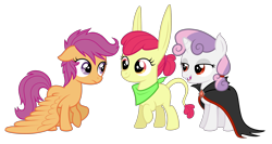 Size: 4752x2520 | Tagged: safe, artist:thecheeseburger, imported from derpibooru, apple bloom, scootaloo, sweetie belle, donkey, earth pony, pegasus, pony, unicorn, vampire, vampony, absurd resolution, alternate universe, bandana, cape, clothes, confused, cutie mark crusaders, donkey ears, donkified, fangs, female, filly, frown, group, large wings, lidded eyes, messy mane, open mouth, race swap, raised hoof, red eyes, simple background, smiling, smirk, species swap, transparent background, trio, vector, wide eyes, wings