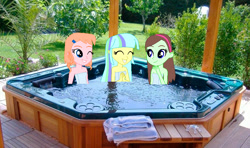 Size: 928x549 | Tagged: safe, artist:karalovely, imported from derpibooru, oc, oc only, oc:honey bear, oc:julie bright, oc:manny brown, equestria girls, hot tub, towel