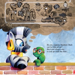 Size: 1400x1401 | Tagged: safe, artist:andypriceart, idw, imported from derpibooru, carrot cake, cup cake, pinkie pie, rainbow dash, tank, zecora, earth pony, pegasus, pony, tortoise, zebra, spoiler:comic, spoiler:comic41, charles m schulz, charlie brown, comic, dreary, ear piercing, earring, female, jewelry, male, mare, neck rings, peanuts, piercing, stallion, style emulation