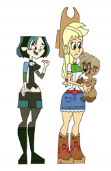 Size: 1157x1785 | Tagged: safe, artist:hunterxcolleen, imported from derpibooru, applejack, human, equestria girls, crossover, giggling, gurgi, gwen, gwen (total drama), humanized, the black cauldron, total drama, total drama island