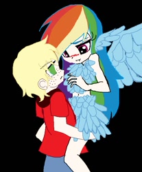 Size: 558x675 | Tagged: safe, artist:applecider1412, imported from derpibooru, big macintosh, rainbow dash, human, belly button, blue skirt, blushing, bra, clothes, female, humanized, male, midriff, rainbowmac, shipping, skirt, sports bra, straight