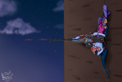 Size: 1024x683 | Tagged: safe, artist:midnightpremiere, imported from derpibooru, earth pony, pony, crossover, female, gun, hooves, mare, optical sight, overwatch, ponified, rifle, sniper rifle, solo, weapon, widowmaker