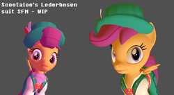 Size: 816x448 | Tagged: safe, artist:fillerartist, imported from derpibooru, scootaloo, pegasus, robot, 3d, clothes, duo, female, filly, foal, hat, lederhosen, pants, scootabot, shirt, source, source filmmaker, suit, wip, yodeloo