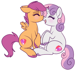 Size: 522x489 | Tagged: source needed, safe, artist:lulubell, imported from derpibooru, scootaloo, sweetie belle, blushing, cutie mark, female, kissing, lesbian, nose kiss, scootabelle, shipping, simple background, the cmc's cutie marks, transparent background, unshorn fetlocks