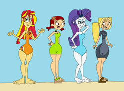 Size: 2493x1825 | Tagged: safe, artist:hunterxcolleen, imported from derpibooru, rarity, sunset shimmer, human, equestria girls, beach, bikini, clothes, crossover, feet, nervous grin, one-piece swimsuit, pose, sandals, shrug, shrugset shimmer, swimsuit, total drama, total drama island, wetsuit, zoey