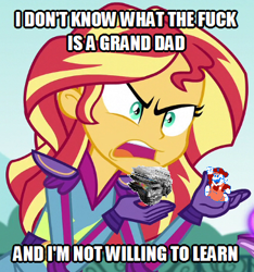 Size: 365x390 | Tagged: safe, edit, edited screencap, imported from derpibooru, screencap, sunset shimmer, equestria girls, friendship games, caption, exploitable meme, fortran, gilvasunner, grand dad, image macro, joel, meme, siivagunner, sunset is not willing to learn, vinesauce, vulgar