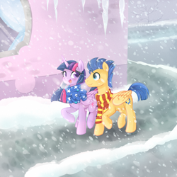 Size: 1200x1200 | Tagged: safe, artist:0biter, imported from derpibooru, flash sentry, twilight sparkle, alicorn, pony, breath, canterlot, clothes, cold, female, flashlight, male, mare, scarf, shipping, snow, snowfall, store, straight, twilight sparkle (alicorn), window, winter