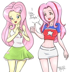 Size: 783x812 | Tagged: safe, artist:tokatl, imported from derpibooru, fluttershy, equestria girls, belly button, blushing, clothes, crossover, digimon, digimon 02, midriff, mimi tachikawa, miniskirt, short shirt, skirt, tanktop, thighs, thumbs up