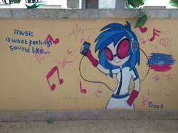 Size: 1600x1200 | Tagged: safe, artist:avizo-23, imported from derpibooru, dj pon-3, vinyl scratch, equestria girls, earbuds, graffiti, humanized, ipod, irl, mp3 player, photo, quote, solo