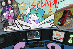 Size: 4000x2707 | Tagged: safe, artist:orang111, imported from derpibooru, princess celestia, twilight sparkle, alicorn, pony, austria, austrian, cartoon physics, controller, crash, dashboard, drool, female, locomotive, mare, railjet, spark, splat, tongue out, train, twilight sparkle (alicorn), öbb taurus