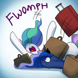 Size: 1200x1200 | Tagged: safe, artist:anticular, imported from derpibooru, princess celestia, princess luna, alicorn, pony, ask sunshine and moonbeams, duo, duo female, falling, female, luggage, majestic as fuck, mare, nose in the air, suitcase