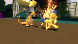 Size: 1360x768 | Tagged: safe, artist:mk513, imported from derpibooru, flash sentry, charizard, pegasus, pony, 3d, abuse, burning, fire, flashabuse, gmod, on fire, pokémon