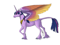 Size: 2048x1536 | Tagged: safe, artist:perle-de-suie, imported from derpibooru, twilight sparkle, alicorn, classical unicorn, pony, cloven hooves, colored wings, female, hoers, leonine tail, mare, multicolored wings, solo, twilight sparkle (alicorn), unshorn fetlocks