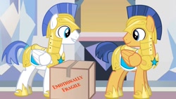 Size: 1024x576 | Tagged: safe, artist:endendragon, imported from derpibooru, flash sentry, box, implied scootaloo, royal guard