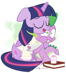 Size: 800x880 | Tagged: safe, artist:dm29, imported from derpibooru, spike, twilight sparkle, alicorn, pony, bathrobe, clothes, duo, female, food, germs, ill, mama twilight, mare, pill bottle, robe, sick, soup, twilight sparkle (alicorn)